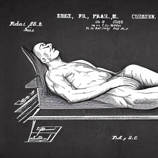 Prompt: sleeping man as a patent drawing. looking at camera. technical drawing. mathematical.