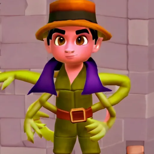 Image similar to screenshot of a cute humanoid inspector dragon with a brown trenchcoat as an npc in spyro the dragon video game, with playstation 1 graphics, activision blizzard, upscaled to high resolution