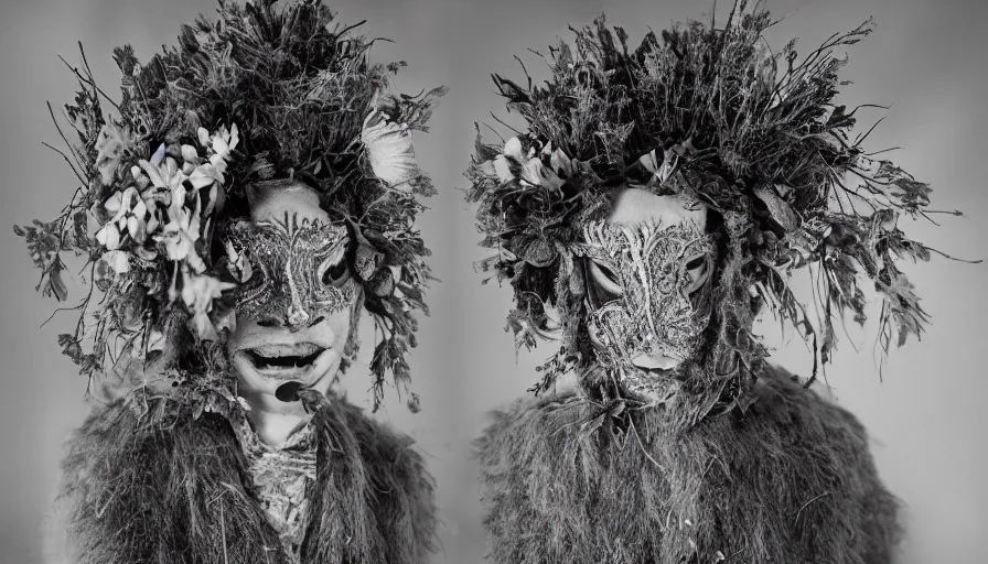 Image similar to portrait of a tyrolean folklore mask, dolomite, forest, wearing hay coat, with horns, eerie, flowers growing out of his body, detailed intricate insanely detailed octane render, 8k artistic 1920s photography, black and white, grainy, photorealistic, chiaroscuro, by David Cronenberg, Raphael, Caravaggio