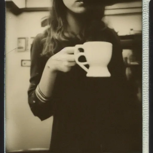 Image similar to a very beautiful old Polaroid picture of a young women drinking coffee inside a coffee shop, award winning photography