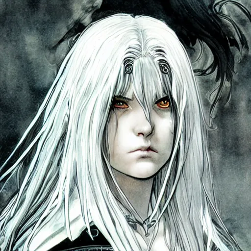 Image similar to character portrait of a girl with wavy white hair and black eyes in the style of yoshitaka amano drawn by alex maleev, highly detailed, elden ring armor