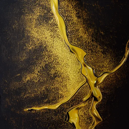 Prompt: female body melting liquid acrylic painting abstract in golden glass and black latex veins, hypperrealistic 3 d sculpture, bokeh, long exposure, close up portrait, epic light, clouds, god rays, heaven, art noveau, artistic sketch, voronoi pattern, film still,