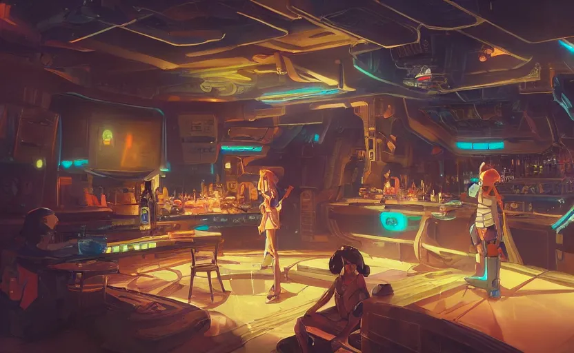 Image similar to a bounty hunter bar in a space opera studio ghibli animated film, global illumination, beautiful composition, volumetric lighting, octane render by artgerm, loish, alena aenami, highly detailed