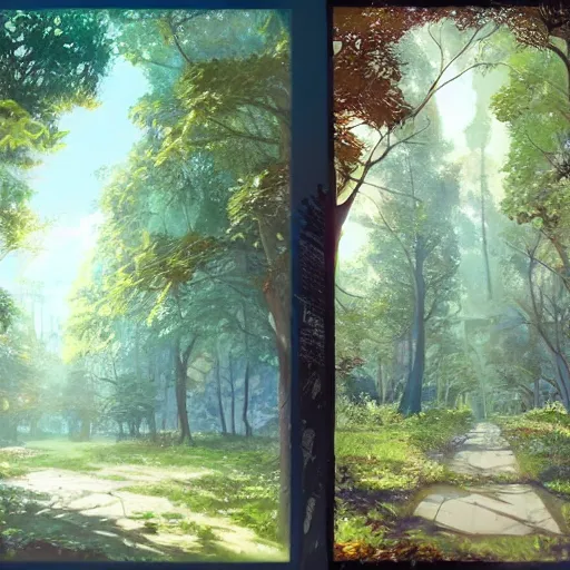 Prompt: concept art painting of trees with doors and windows, walkways between trees, in a deep forest, realistic, detailed, cel shaded, in the style of makoto shinkai and greg rutkowski and james gurney