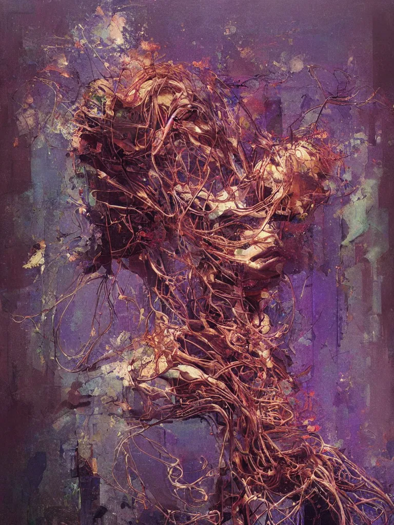 Image similar to a beautiful glitched painting by robert proch of an anatomy study of the human nervous system, color bleeding, pixel sorting, copper oxide and rust materials, brushstrokes by jeremy mann, cold top lighting, pastel purple background