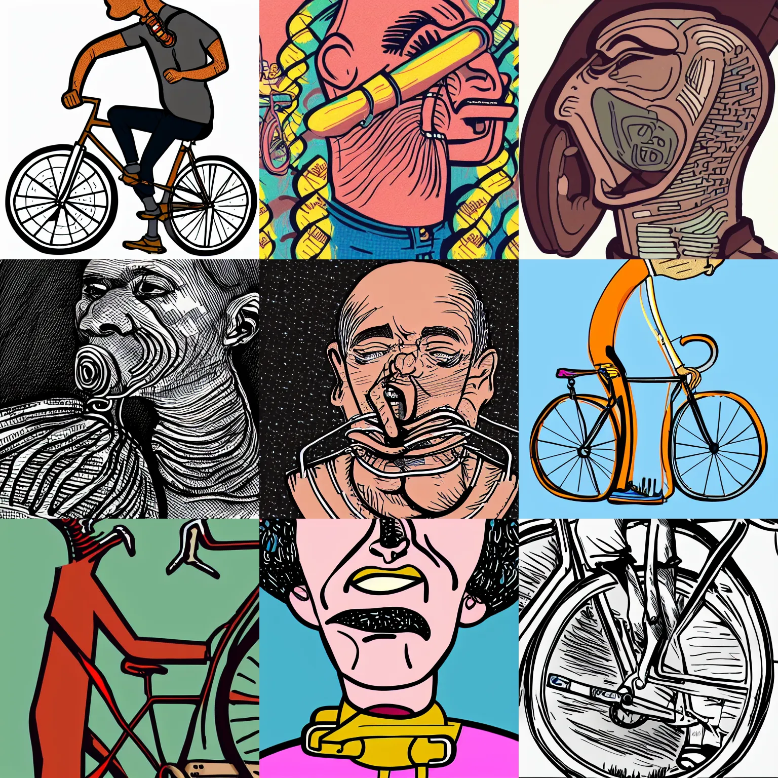 Prompt: man with an entire bike stuck in his throat, creative design, cartoon illustration, medium close - up, ms paint drawing