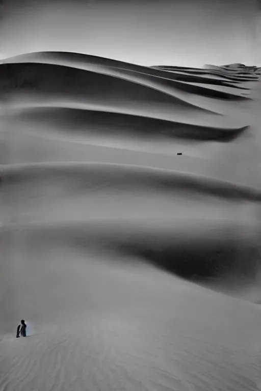 Prompt: scenes a dune by john schoenherr, cinematic matte painting, zaha hadid building, 8 k, moody monochrome color palate