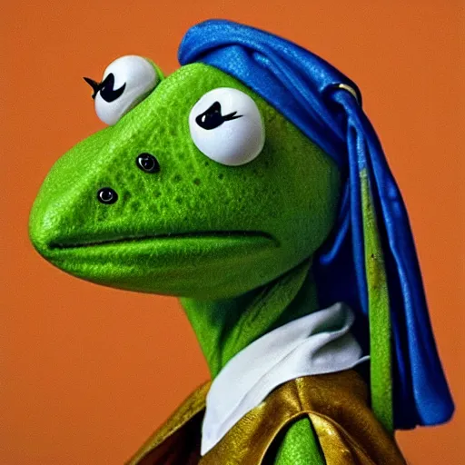 Image similar to kermit with a pearl earring, incredibly detailed, hyperrealistic, stylistic, painting