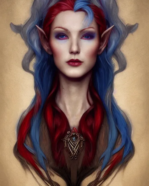 Prompt: A detailed matte oil on canvas head on symmetrical portrait of a distinguished elven woman with red and blue hair (((((makeup))))) by Charlie bowater and lise deharme wlop, trending on artstationhd, dungeons and dragons art, critical role, split hair dye, half and half dye, two tone dye
