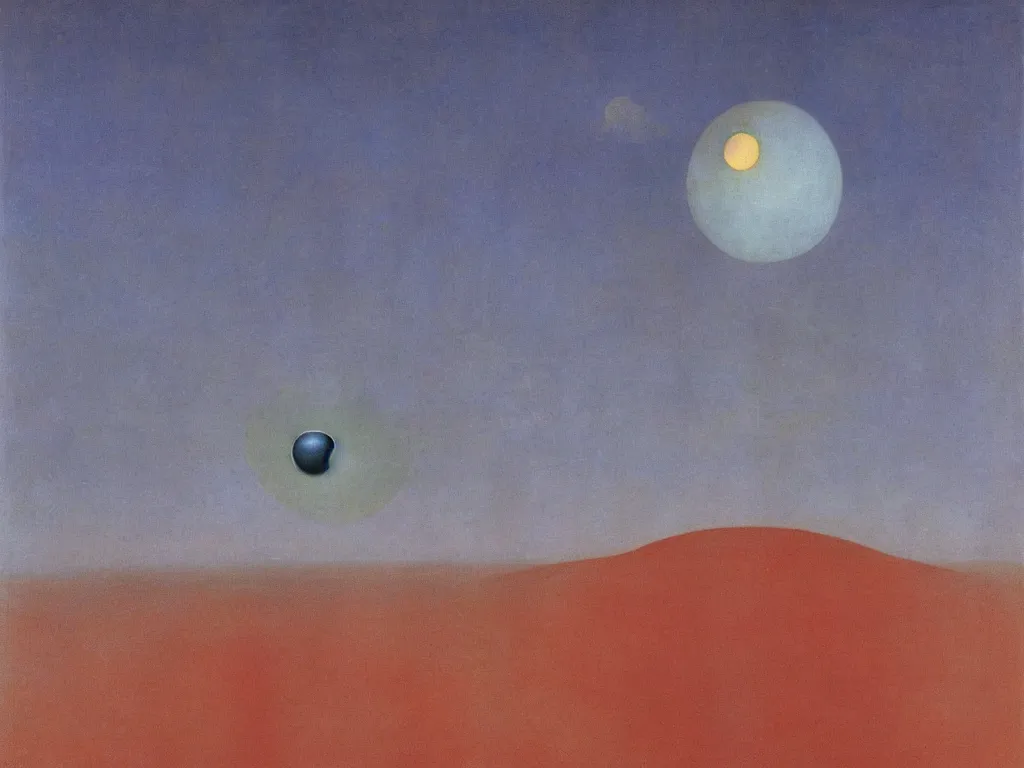 Prompt: Glowing blue eyes floating over the salt desert. Extinct fauna. Rust, spiral, melancholy, star. Painting by Rene Magritte, Agnes Pelton, Max Ernst, Yves Tanguy, Beksinski