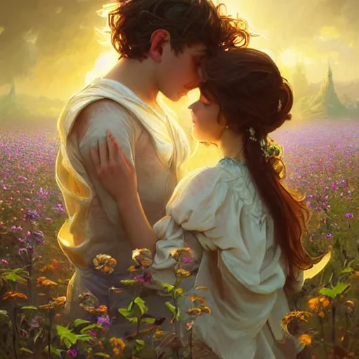 Prompt: a young couple hugging each other in a flower field at sundown, D&D, fantasy, intricate, elegant, highly detailed, digital painting, artstation, concept art, matte, sharp focus, illustration, hearthstone, art by Artgerm and Greg Rutkowski and Alphonse Mucha