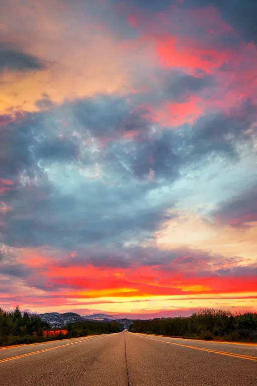 Image similar to colourful sunset at the end of a long highway by zack doehler