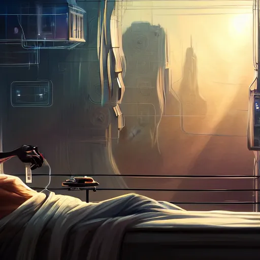 Prompt: an intricate concept art illustration, middle shot, a man in his bed wearing a lab gown with electronic wires, overlooking a futuristic city, concept art, style by dylan cole and tyler edlin art, hyper realistic, sci - fi, cinematic, low - angle shot, unreal engine, epic lighting, artstation