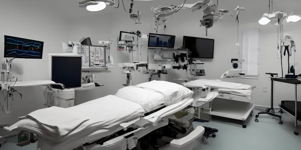 Prompt: surgical room with operating table, medical equipment and heart rate monitor, photography