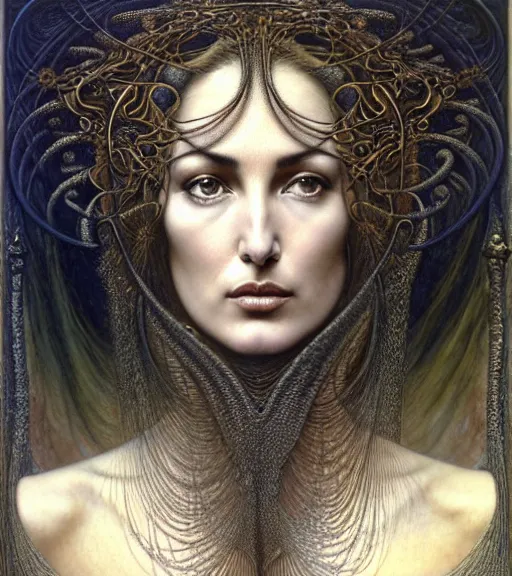 Image similar to detailed realistic beautiful young monica bellucci head and shoulders portrait by jean delville, gustave dore and marco mazzoni, art nouveau, symbolist, visionary, baroque, intricate fractal, maximalism. horizontal symmetry by zdzisław beksinski, iris van herpen, raymond swanland and alphonse mucha. highly detailed, hyper - real, beautiful