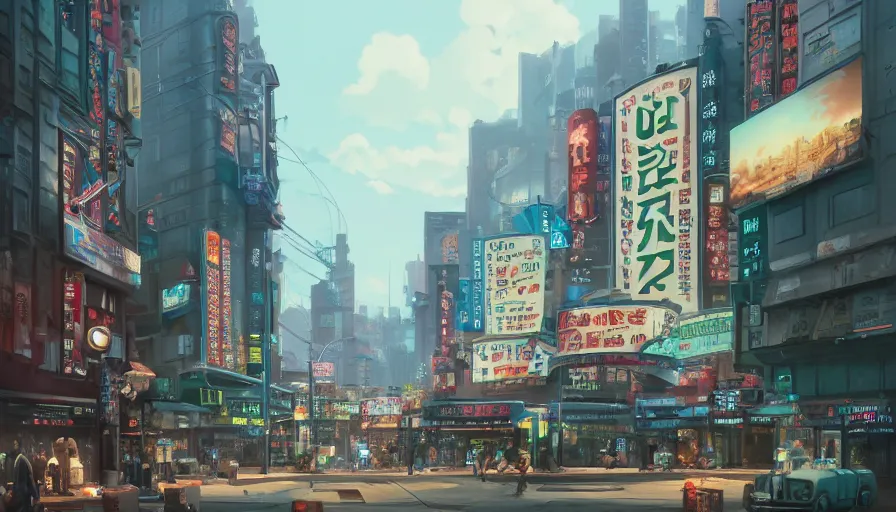 Image similar to A highly detailed matte painting of Buildings with Billboards and neonsigns by Studio Ghibli, Makoto Shinkai, by Artgerm, by WLOP, by Greg Rutkowski, volumetric lighting, octane render, 4K resolution, trending on artstation, masterpiece