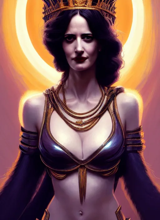 Image similar to eva green as amazon queen, intricate, elegant, glowing lights, highly detailed, digital painting, artstation, glamor pose, concept art, smooth, sharp focus, illustration, art by artgerm and greg rutkowski, artey freytag