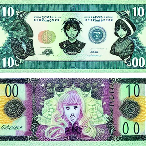 Image similar to australian $ 1 0 0 note, manga style