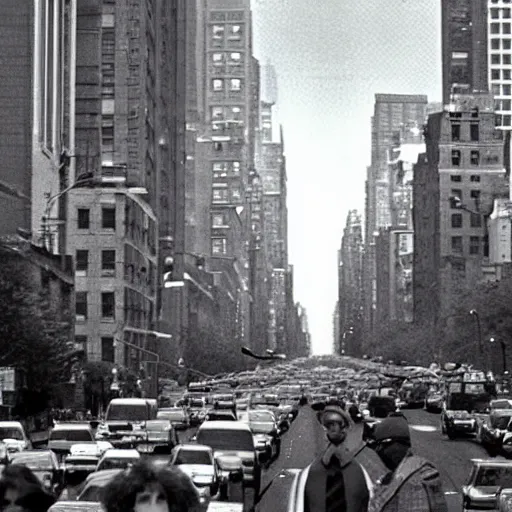 Image similar to new york city invaded by aliens, 1 9 9 0 archival photo