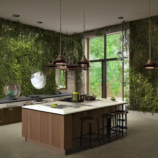 Prompt: unusual kitchens, overgrown with vegetation model inside crystal ball, octane render hyperdetailed,