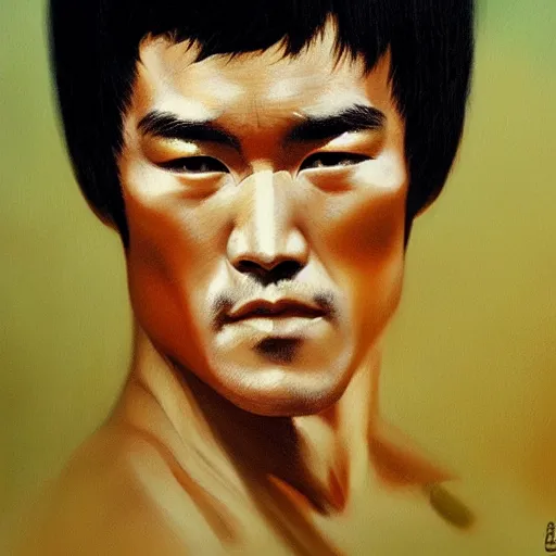 Prompt: UHD tonalism painting of Bruce Lee at age 87, by Antonio Caparo and Ferdinand Knab and Greg Rutkowski, UHD, photorealistic, trending on artstation, trending on deviantart