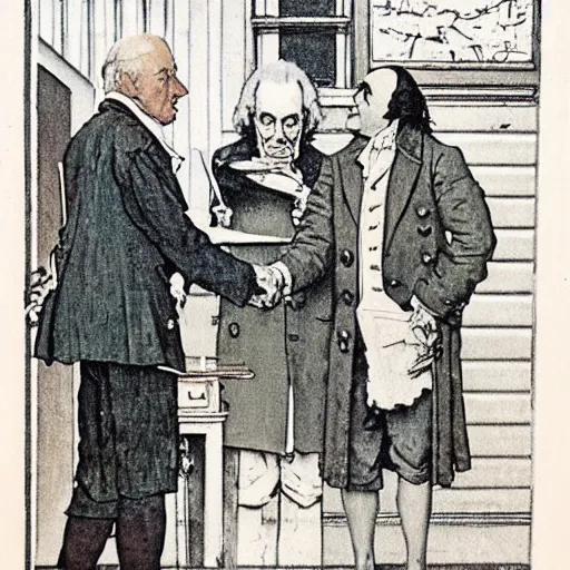 Prompt: norman rockwell painting of 1 7 7 6 ben franklin shaking hands with 3 0 - year - old, virile dracula