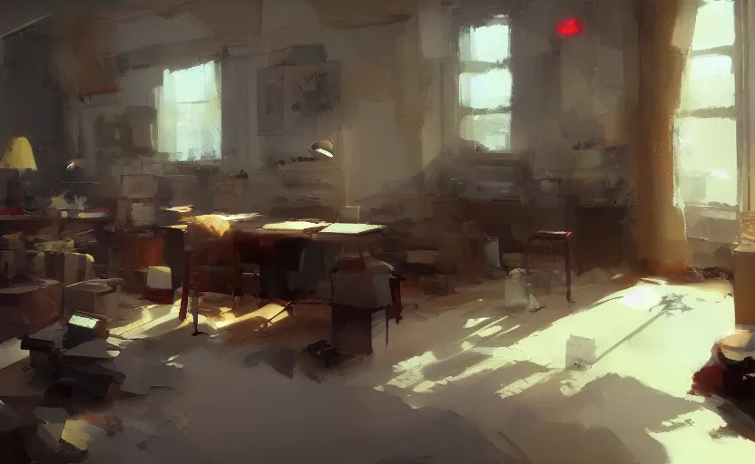 Prompt: a tidy study interior painting by Craig Mullins, octane rendering, warm moody lighting, wide angle lens, low view, in the style of Pixar animation, trending on artstation,