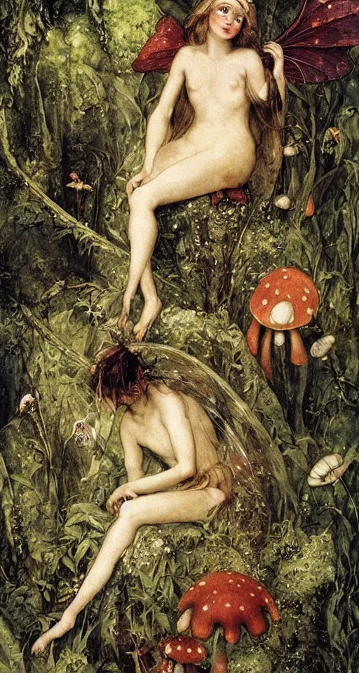 Prompt: a small fairy in a dewy mushroom, art by J. A. Fitzgerald, Richard Dadd, Henry Fuseli, beautiful chararacter art, highly detailed, ethereal, beautiful