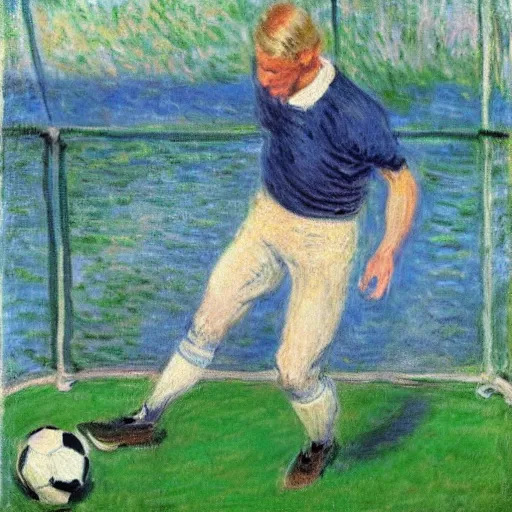 Image similar to monet painting of a skinny blonde man getting hit in the groin with a soccer ball, highly detailed, realistic,