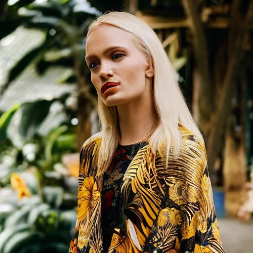 Image similar to head to shoulder portrait film photograph of an elegant top model blond woman wearing a yellow kimono with a very detailed barn owl on her shoulder!!! in a tropical greenhouse. looking at the camera!!. super resolution. 85 mm f1.8 lens.bokeh. graflex. by Alessio albi !