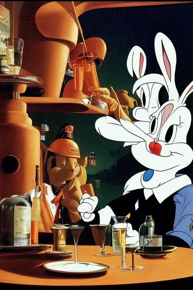 Prompt: Bugs Bunny Drinking Heavily At A Bar, 2001: A Space Odyssey, Roger Deakin’s cinematography, by J. C. Leyendecker and Peter Paul Rubens and Edward Hopper and Michael Sowa