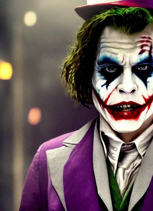 Image similar to film still of Johnny Depp as The Joker in The Dark Knight, 4k