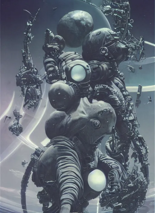 Image similar to astronauts in dark void underwater - complex and hyperdetailed technical suit. reflection and dispersion materials. rays and dispersion of light. volumetric light. f / 3 2. noise film photo. flash photography. ultra realistic, wide angle. poster by wayne barlowe, hajime sorayama aaron horkey, craig mullins