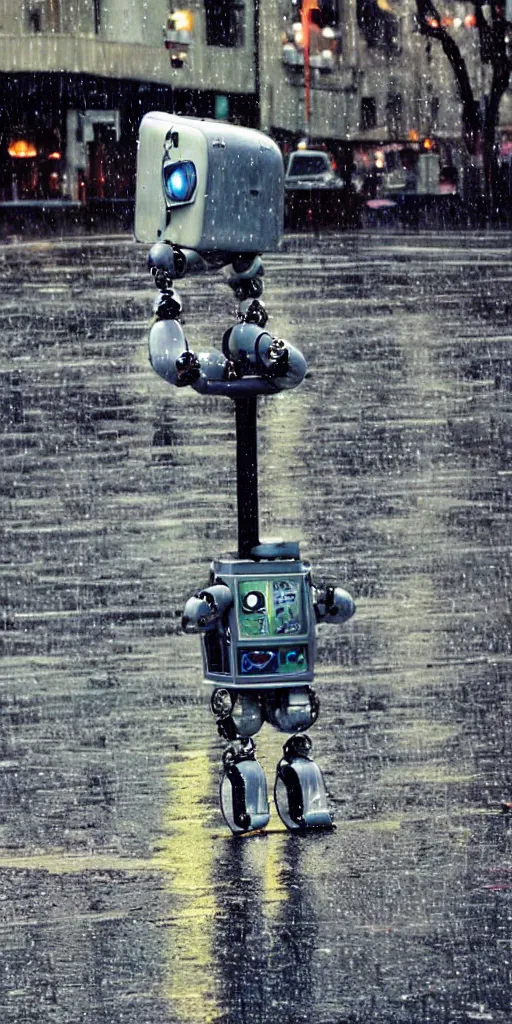 Prompt: robot on the road, city, photo, rain, rain, rain,