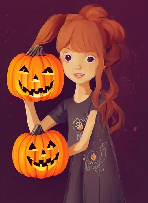 Image similar to little girl with golden blonde hair holding a halloween pumpkin. clean cel shaded vector art. shutterstock. behance hd by lois van baarle, artgerm, helen huang, by makoto shinkai and ilya kuvshinov, rossdraws, illustration, art by ilya kuvshinov