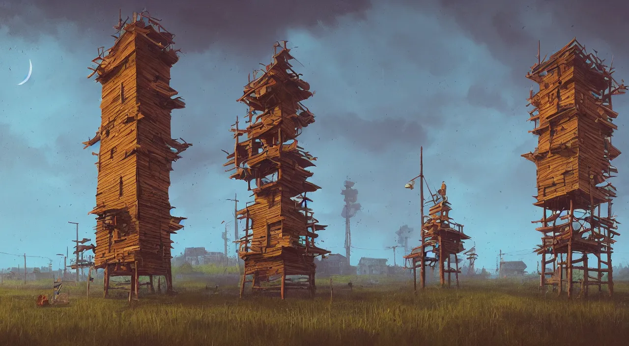 Prompt: single flooded simple wooden tower, very coherent and colorful high contrast ultradetailed photorealistic masterpiece by simon stalenhag, dark shadows, sunny day, hard lighting