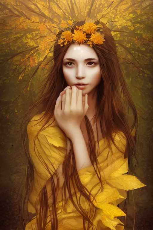 Image similar to The goddess of autumn harvest, tranquility, beautiful face, long hair, wearing wheat yellow gauze, comic style, virtual engine, 3D, sense of atmosphere, goddess, by wlop