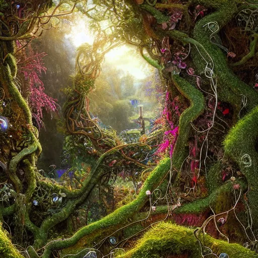 Prompt: a beautiful and highly detailed digital painting of a portal to fairyland, iridescent crystals, moss, multicoloured vines, tangled, the secret garden. intricate details, epic scale, hyperdetailed, hyperrealism,, artstation, cgsociety, 8 k, sharp focus, by caspar friedrich, albert bierstadt, james gurney, brian froud,