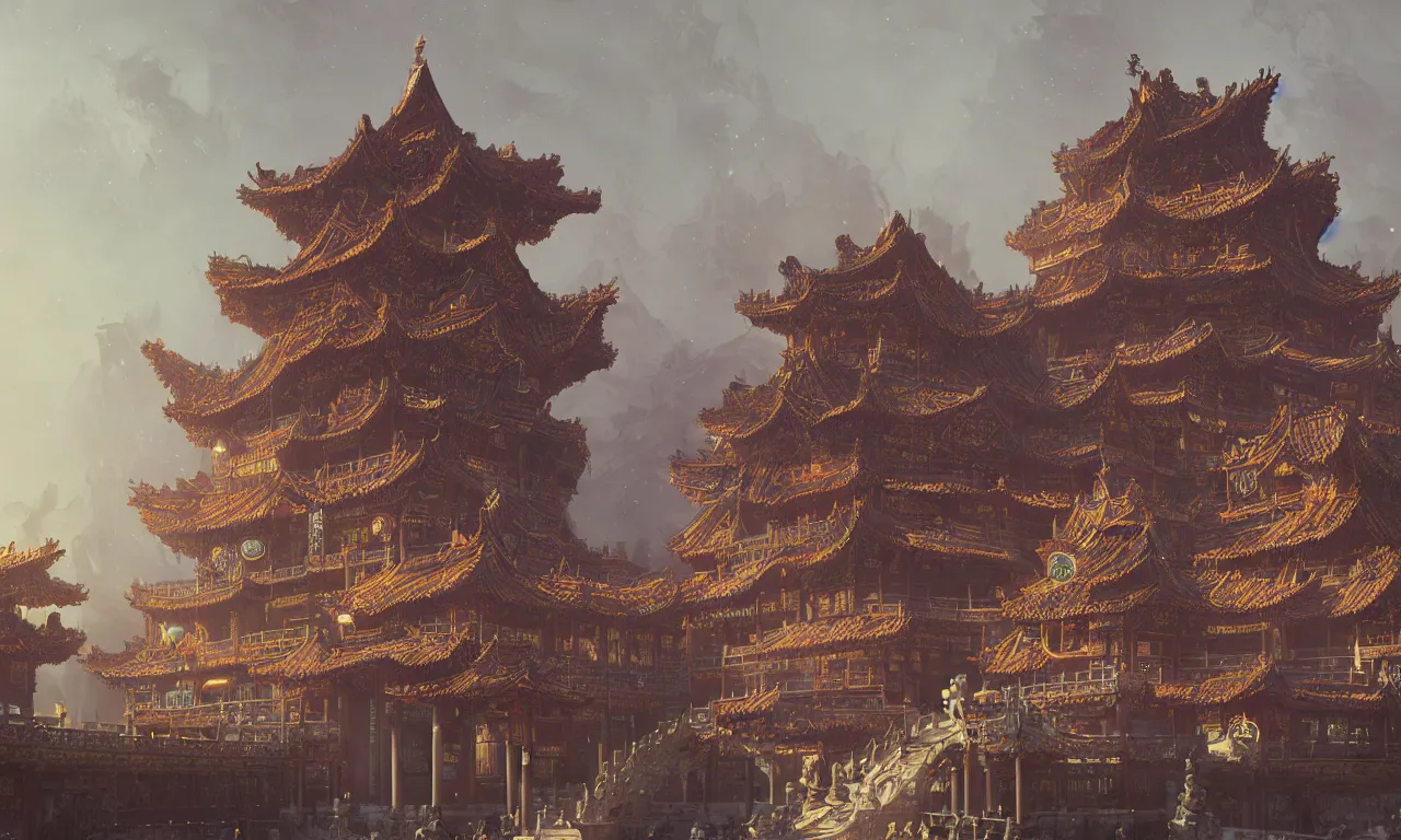 Prompt: an original game concept scene painting of an opulent palast chinese style ， super wide angle, magnificent and gorgeous atmosphere ， matte painting ， rtx on ， by moebius, neil blevins and jordan grimmer ， trending on cgsociety and artstation, unreal engine ， volumetric light ， surreal