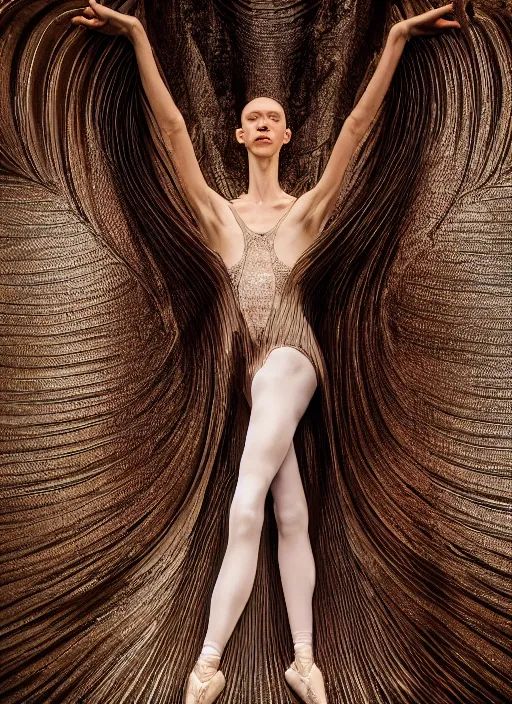 Image similar to a portrait of beautiful model ballerina wearing iris van herpen dress, by serge lutens, photorealistic, intricate details, hyper realistic, photorealistic, canon r 3, photography, symmetrical features, symmetrical pose, wide angle shot, head to toe, standing pose, feet on the ground,