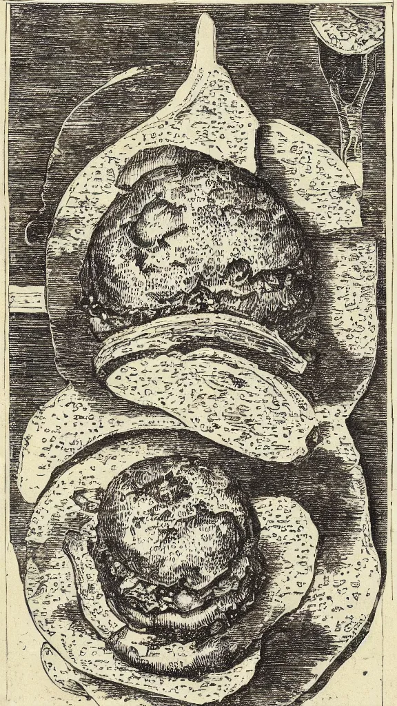 Prompt: esoteric etching print of a mcdonald's burger and fries, amphitheatrum sapientiae aeternae, 1 5 9 5