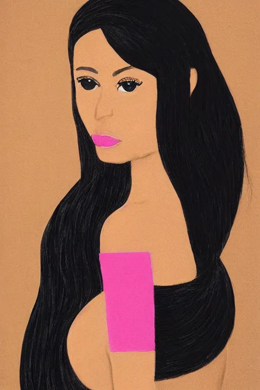 Image similar to a portrait of a beautiful woman that has a black hair, tan skin and is wearing a beautiful black and pink dress