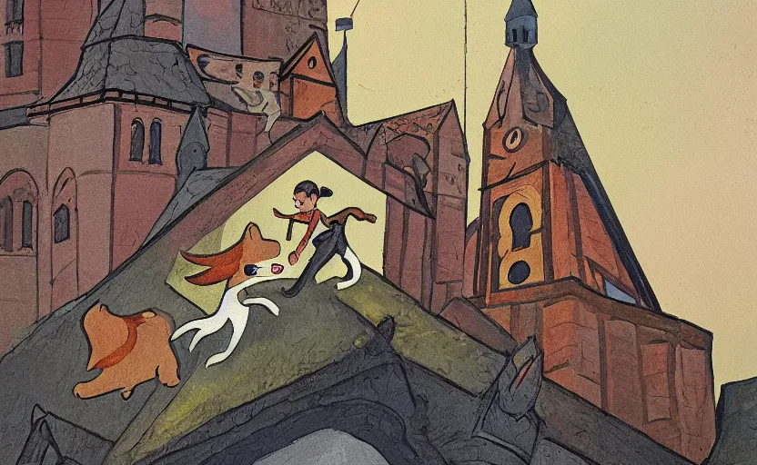 Prompt: a boy fighting a wolf on the edge of a clocktower, storybook, muted colors, gouache, flat, sharp edges, print