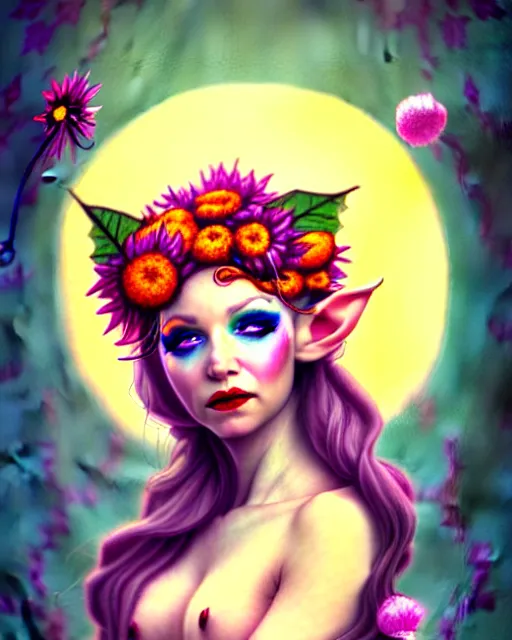 Prompt: burlesque elf, flowers in hair, fantasy character portrait, soft clouds, floral sunset, ultra realistic, concept art, intricate details, art nouveau, cinematic, highly detailed