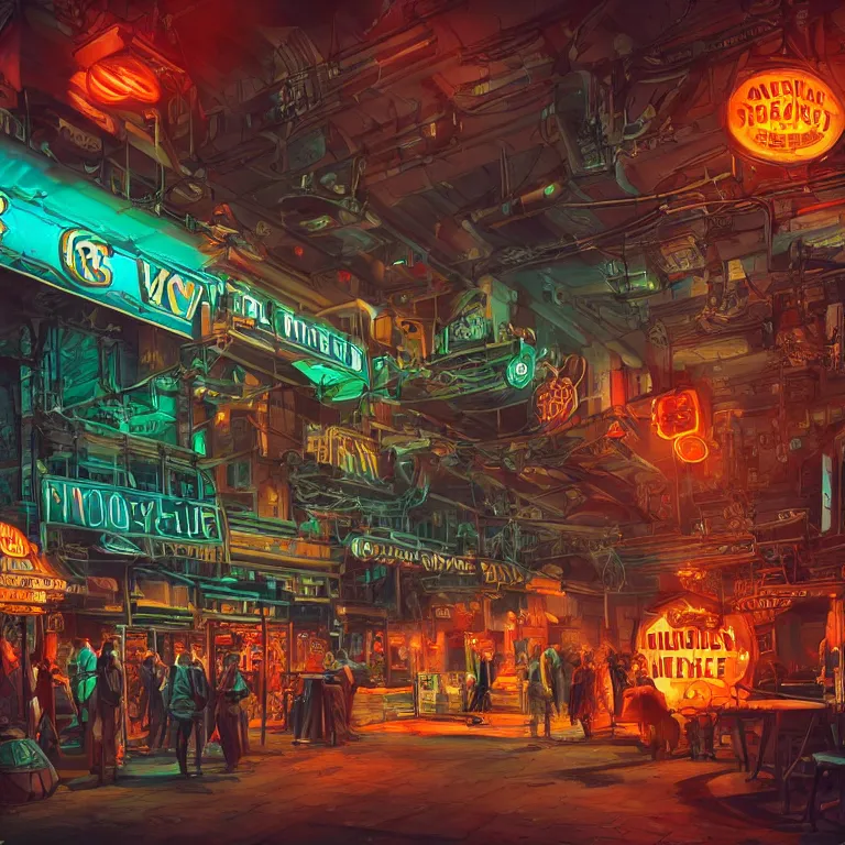 Image similar to fantastic lighting, high detail, dieselpunk market, neon lights, 2 d