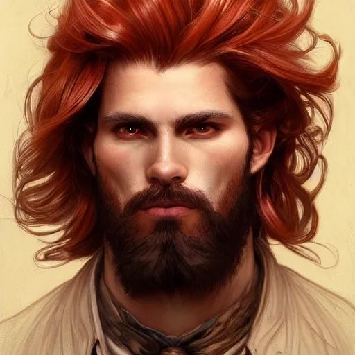 Image similar to portrait of a manly wolf, male, handsome, masculine, full body, red hair, long hair, soft hair, fantasy, intricate, elegant, highly detailed, suit, coffee shop, digital painting, artstation, concept art, character art, smooth, sharp focus, illustration, art by artgerm and greg rutkowski and alphonse mucha