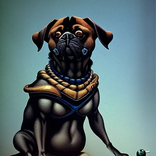 Image similar to head and shoulders vogue photo portrait of a black male pugalier anthropomorphic dog, d & d, fantasy, greg rutkowski, frank frazetta, alexandre chaudret, boris vallejo, michael whelan, miro petrov, hr giger, magali villeneuve, donato giancola