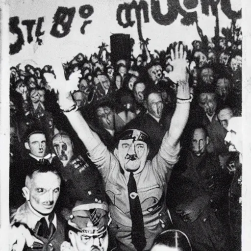 Prompt: adolf hitler going crazy during a rave, super realistic, hitler is dancing, highly detailed.