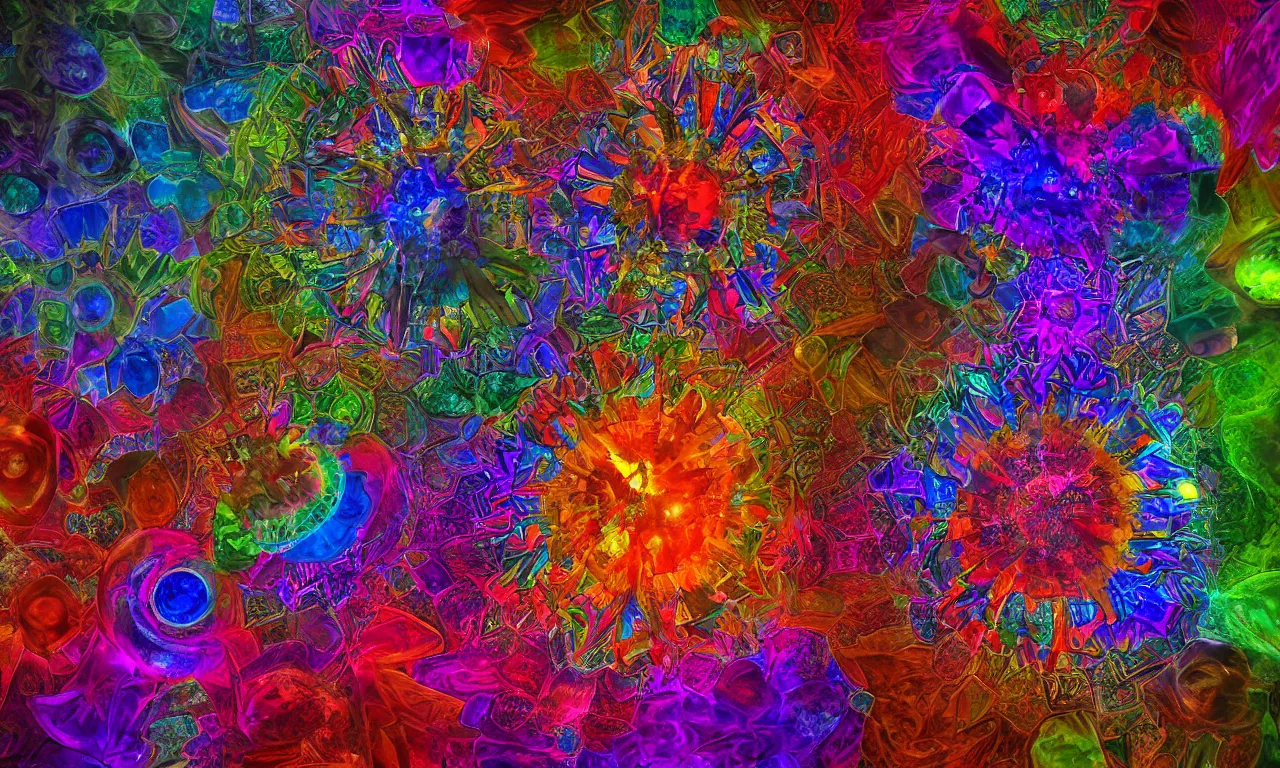 Image similar to acrylics blob voronoi engine laboratory 3 d volume kaleidoscope mandala fractal chakra digital multicolor stylized concept substance liquid nebula stone, a spectacular view cinematic rays of sunlight comic book illustration, by john kirby radiating a glowing aura global illumination ray tracing hdr depth fog overlay multiply photoshop layer