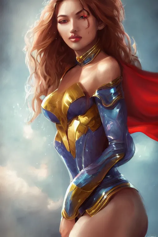 Image similar to three quarters portrait pose of a beautiful woman, strong body,super heroine costume,super powers, fantasy, intricate, elegant, highly detailed, digital painting, artstation, concept art,shining, sharp focus, illustration, art by Stanley Lau